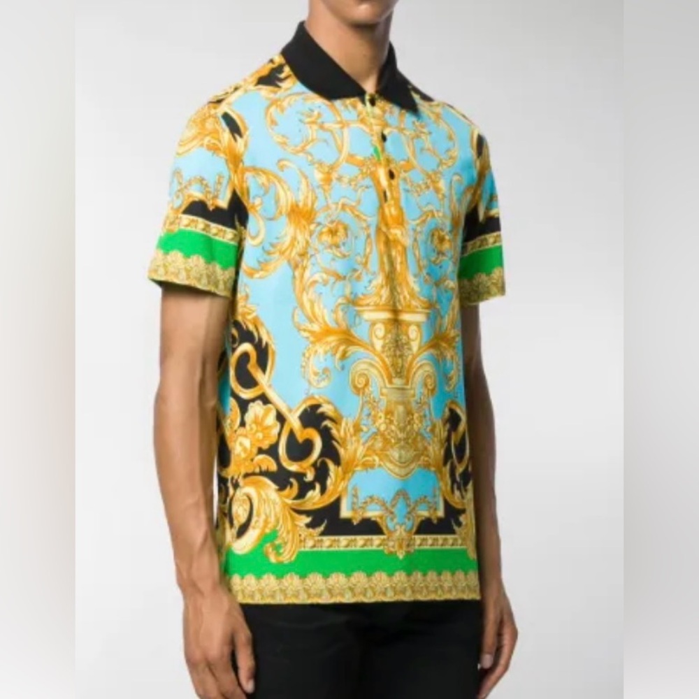 Versace Short Sleeve Shirt - Blue, Gold, and Green